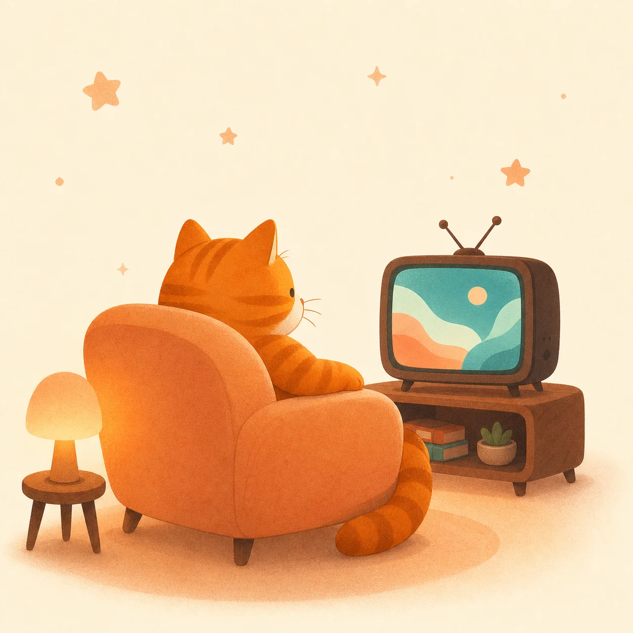 一只橘猫坐在扶手椅上看电视